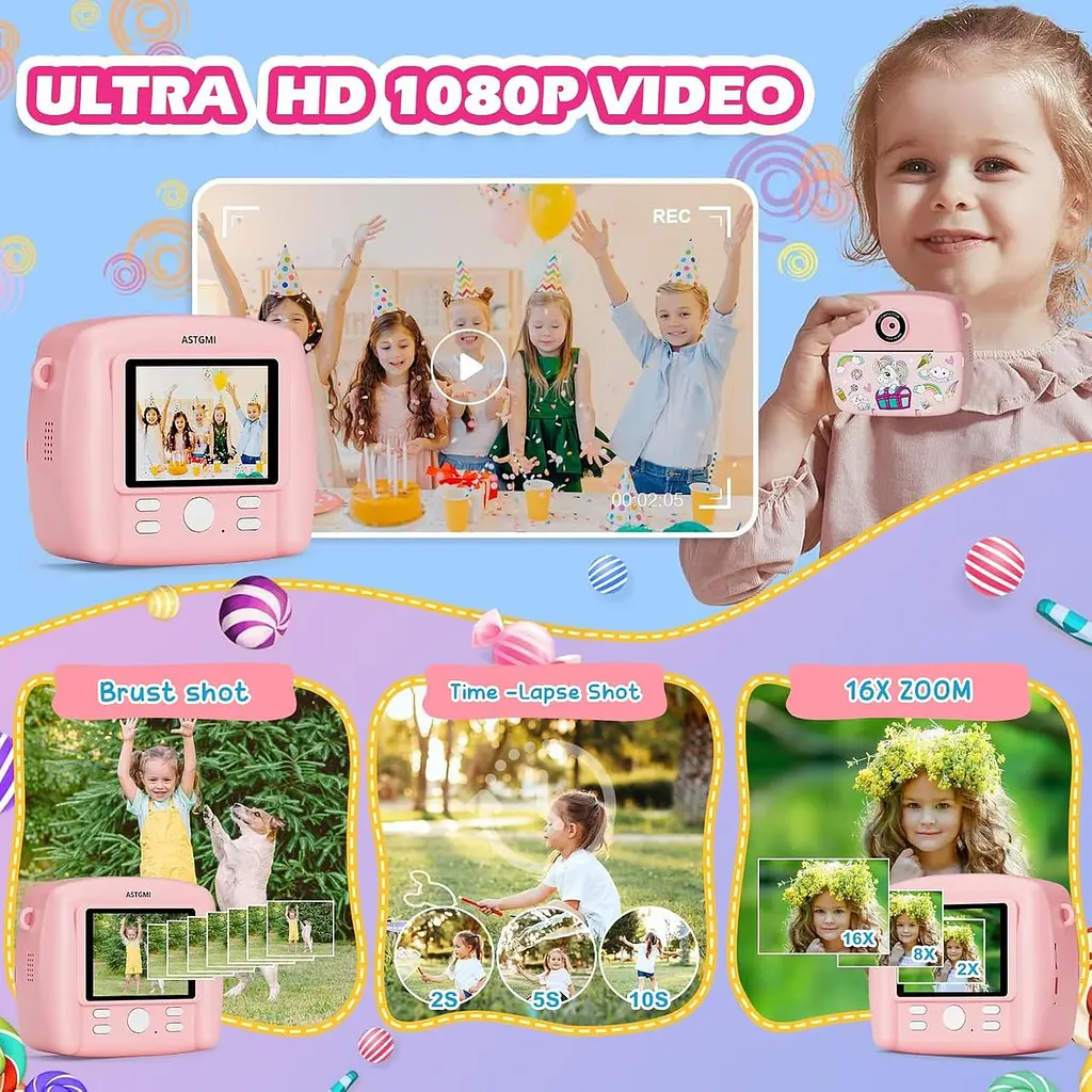 Дитячий цифровий фотоапарат ASTGMI 1080P з миттєвим друком, картою 32GB та папером - фото 4