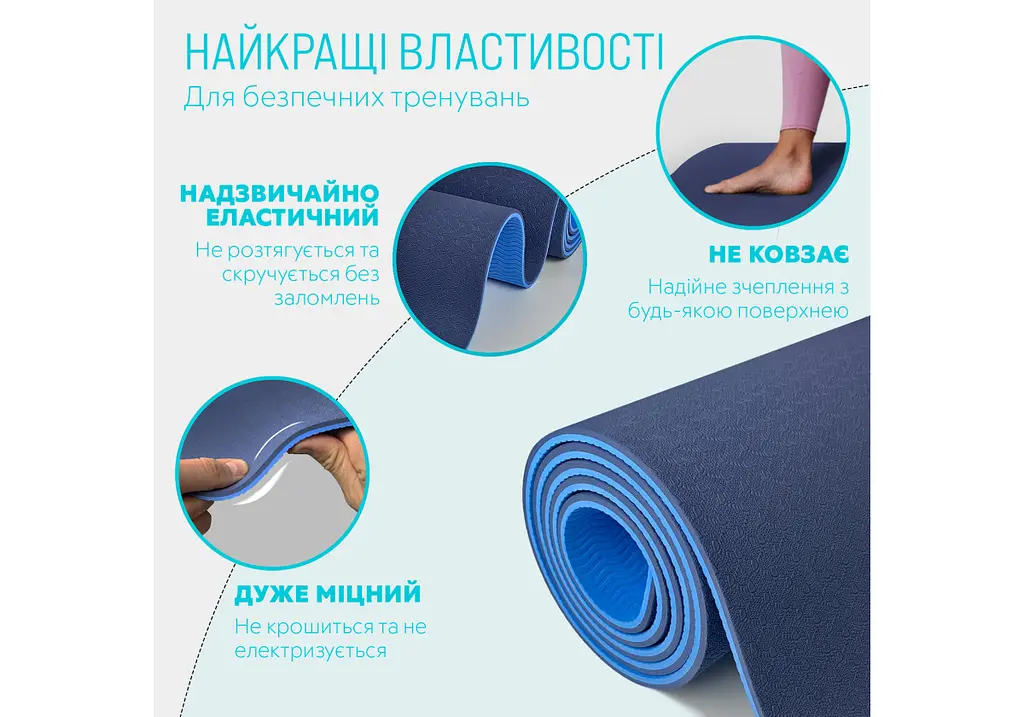 Килимок для йоги та фітнесу EasyFit TPE+TC 6 мм двошаровий + Чохол синій з блакитним (EF-1924s-BLB) - фото 3
