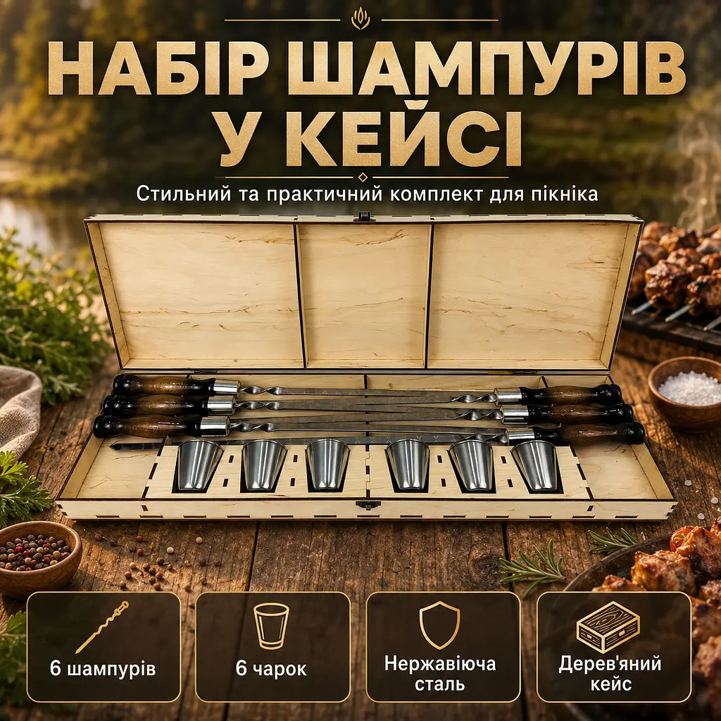 Набір шампурів у кейсі на 6 шт №7, нержавіюча сталь 3 мм, дерев’яні ручки - фото 2