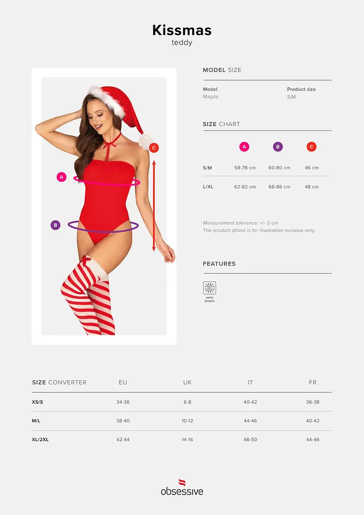 Тедді Obsessive Kissmas teddy, L/XL, червоне, без бретелей, чокер, панчохи та шапка з помпоном у наборі - фото 5