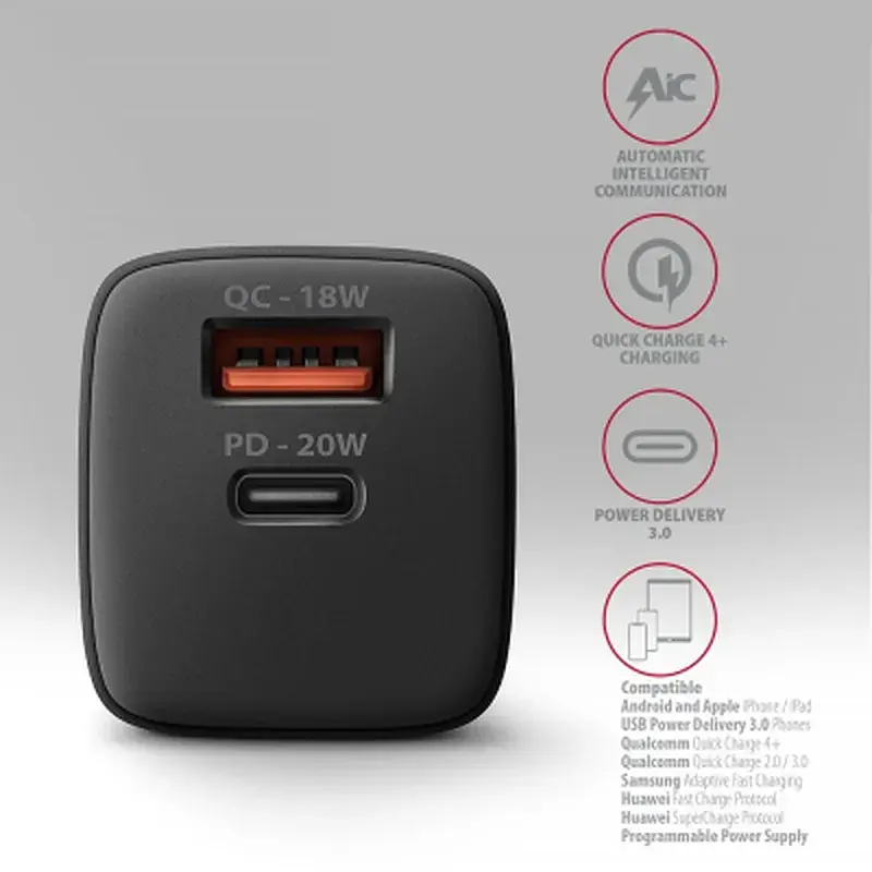 Зарядний пристрій AXAGON 1xUSB QC3.0 + 1xUSB-C PD20W black (ACU-PQ20) - фото 5
