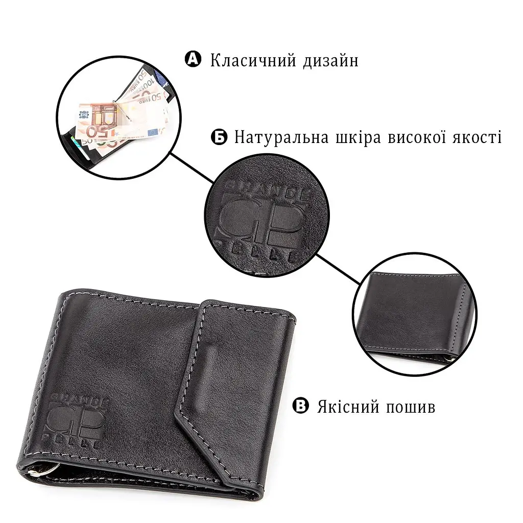 Затискач для грошей з італійської шкіри Grande Pelle 11149 чорний - фото 7