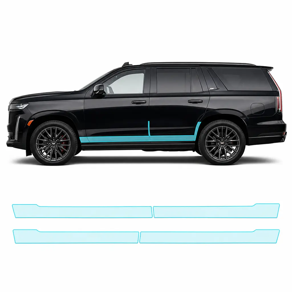 Антигравійна захисна бронеплівка за лекалами для Cadillac Escalade V 2021- нижня зона кузова пороги