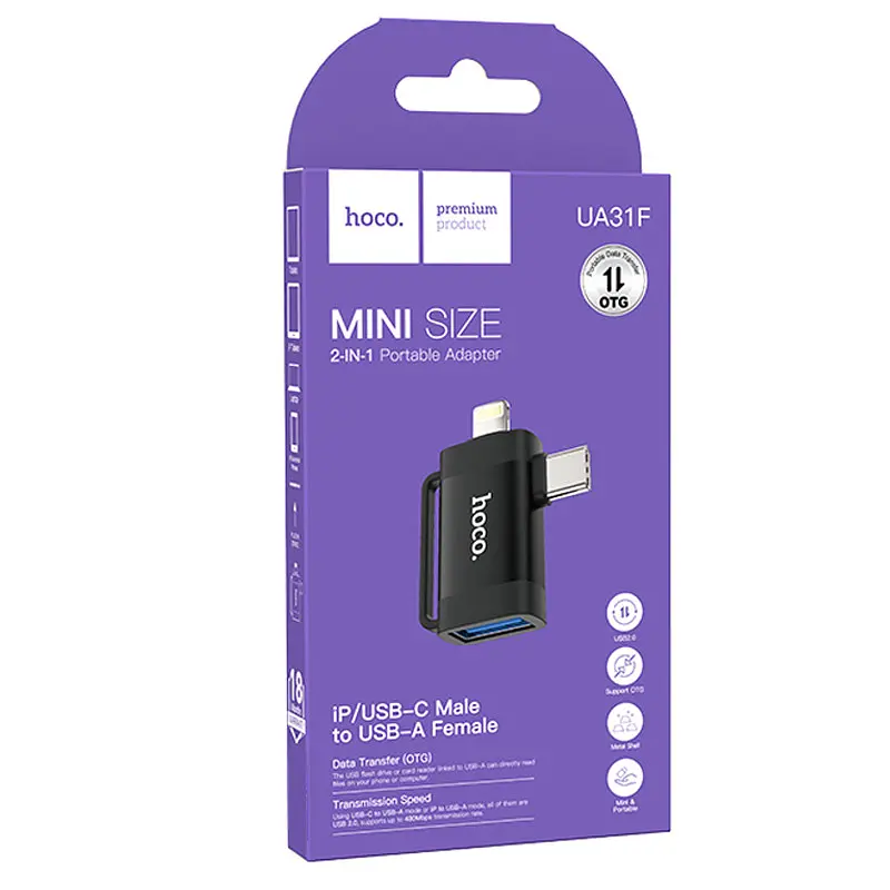 Перехідник Hoco UA31F OTG 2in1 Lightning male/Type-C male to USB female Black - фото 6