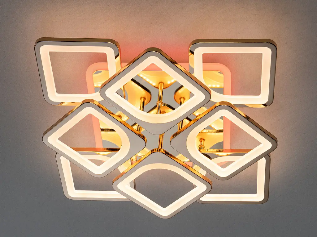 Стельова LED-люстра Diasha S8060/4+4G 3color з пультом і димером, золото, 130W, 7150 lm, квадратні акрилові плафони 49x49 см - фото 3