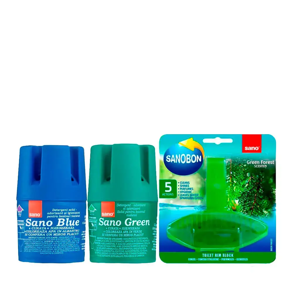 Набір Sano Бачок для миття унітазу Blue Flash, Бачок для миття унітазу Green, Засіб для миття унітазу Зелений ліс (287607, 935833, 990030)