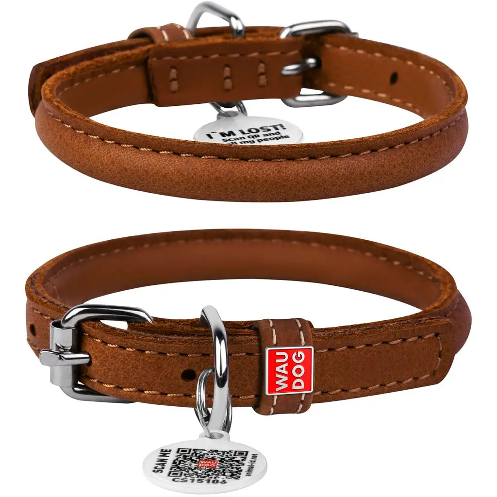 Нашийник для собак Waudog Soft, шкіряний, круглий, з QR паспортом, 39-47х1 см, коричневий - фото 2