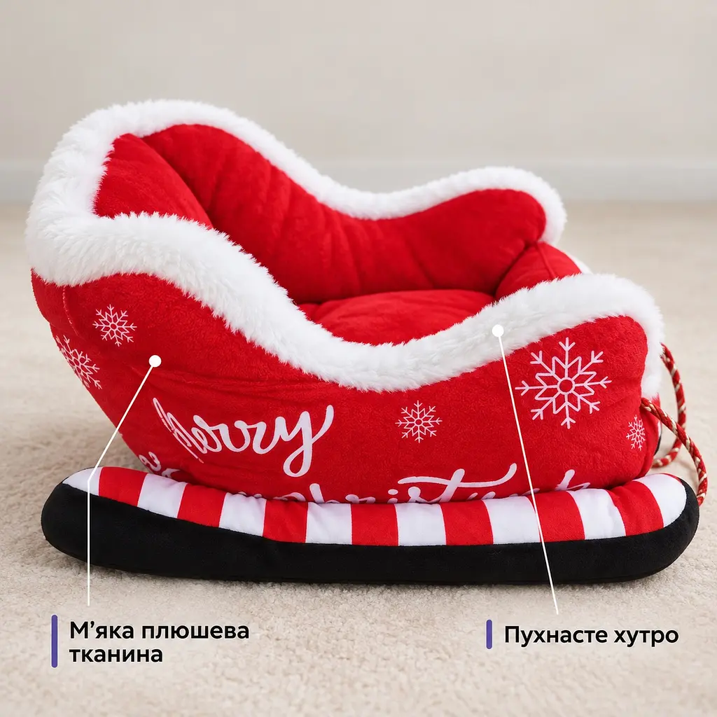 Лежанка для котів та собак у вигляді саней новорічний плюшевий килимок - фото 4