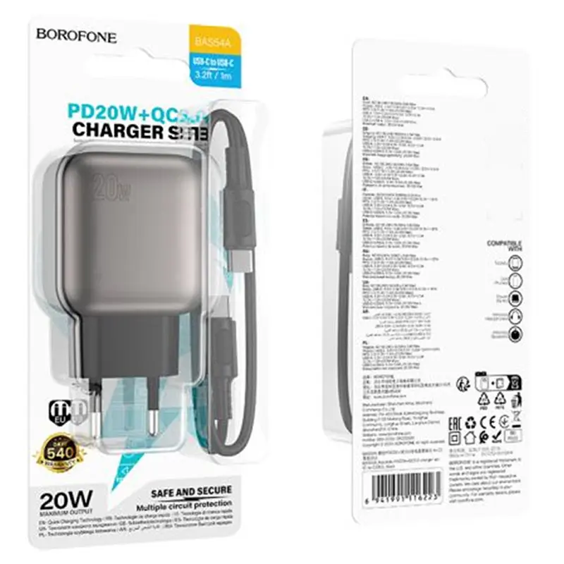 МЗП Borofone BAS54A Absolute PD20W+QC3.0 (1USB-A/1C) + кабель Type-C to Type-C Black - фото 3