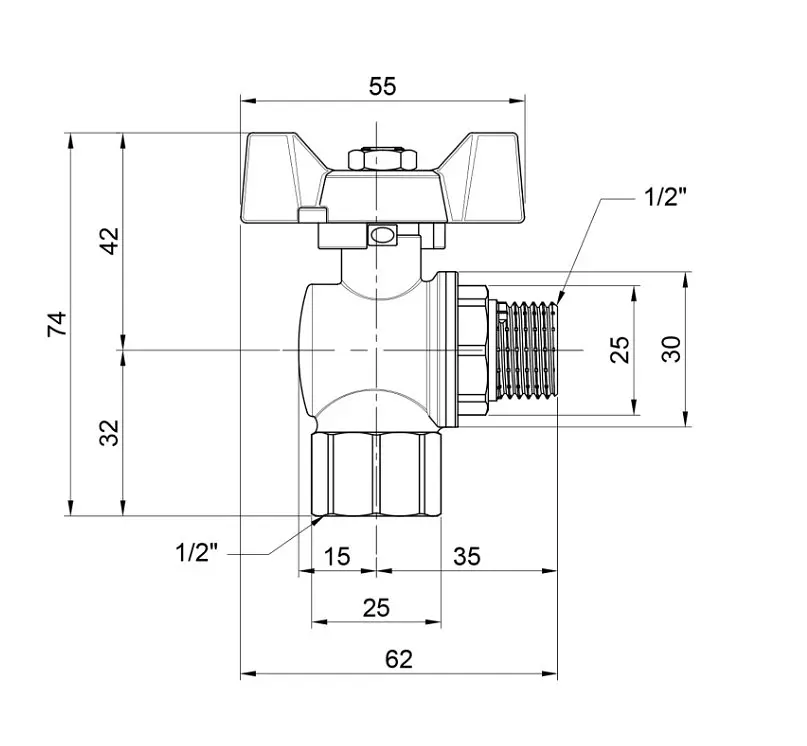 Кран кульовий Thermo Alliance Forte 1/2" ВЗ кутовий, PN40, метелик SF267W15 - фото 3