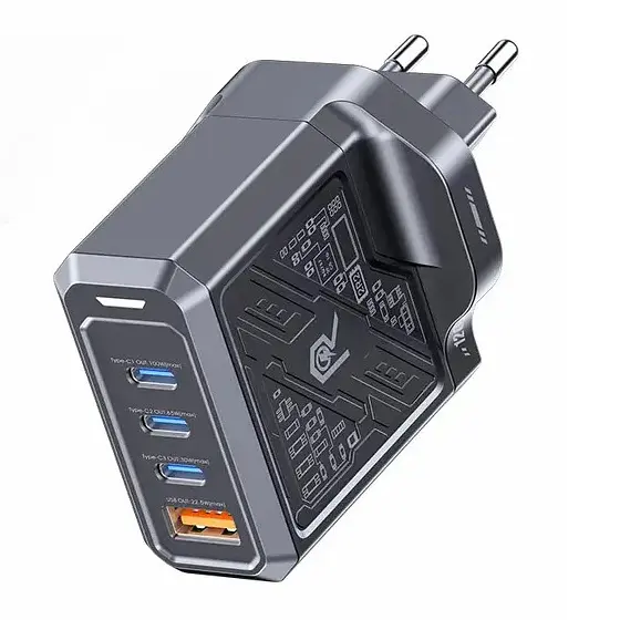 Зарядний адаптер Remax Mecha Warrior 1A+3C RP-U107 швидка зарядка GaN 120W 3xType-C + 1xUSB-A Чорний - фото 2