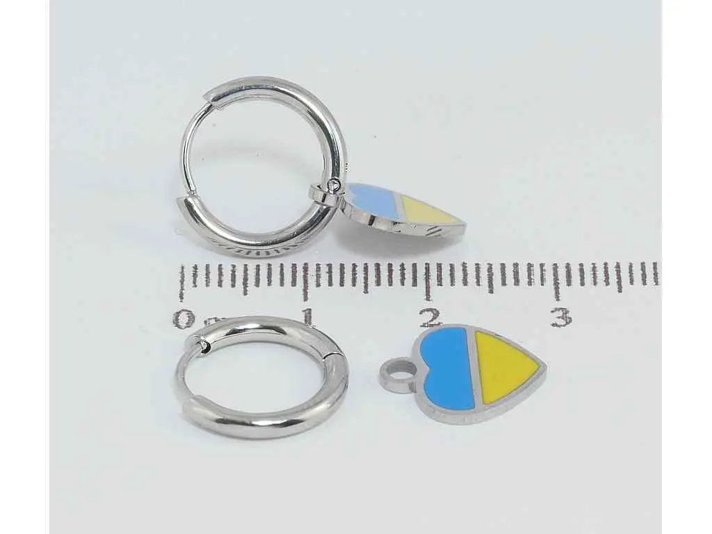 Сережки Xuping TTM Stainless Steel колір Родій підвіски на колечках "Сердечки Патріотичні жовто- блакитні" (169102) - фото 2