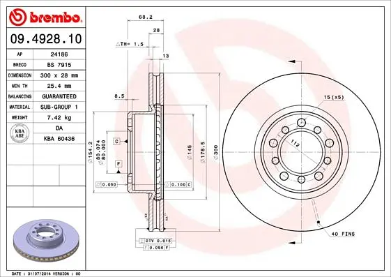 Диск гальмівний передній вентильований Mercedes S-class 79-91р Brembo (09.4928.10) - фото 2