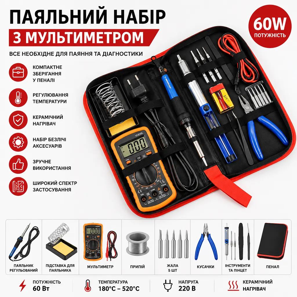 Набір для паяння з мультиметром, 19 шт., 60 Вт, Soldering kit / Паяльний набір / Паяльник з регулятором температури - фото 2