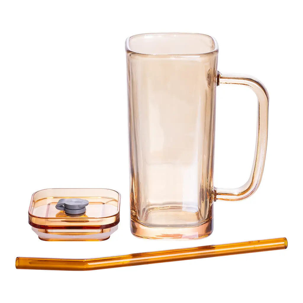 Кружка стеклянная с крышкой и трубочкой 280 мл Золотистый Yiwu HP-19-53GLD - фото 3