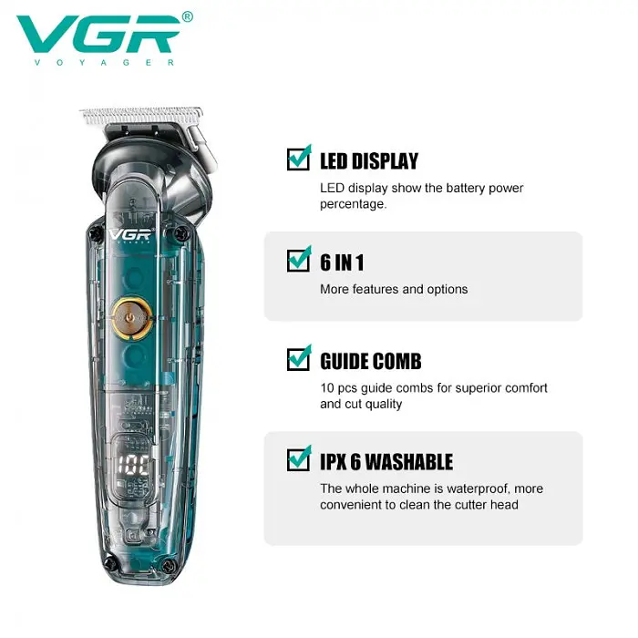 Машинка для стрижки VGR V-102 аккумуляторная, для бороды и тела, с насадками - фото 3