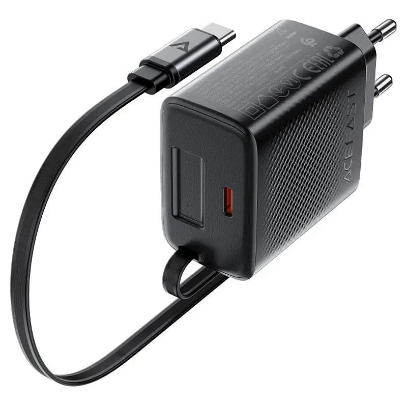 Мережевий зарядний пристрій з кабелем Acefast A110 PD30W GaN charger (USB-C+USB-C) with retractable cable (EU) чорний - фото 3