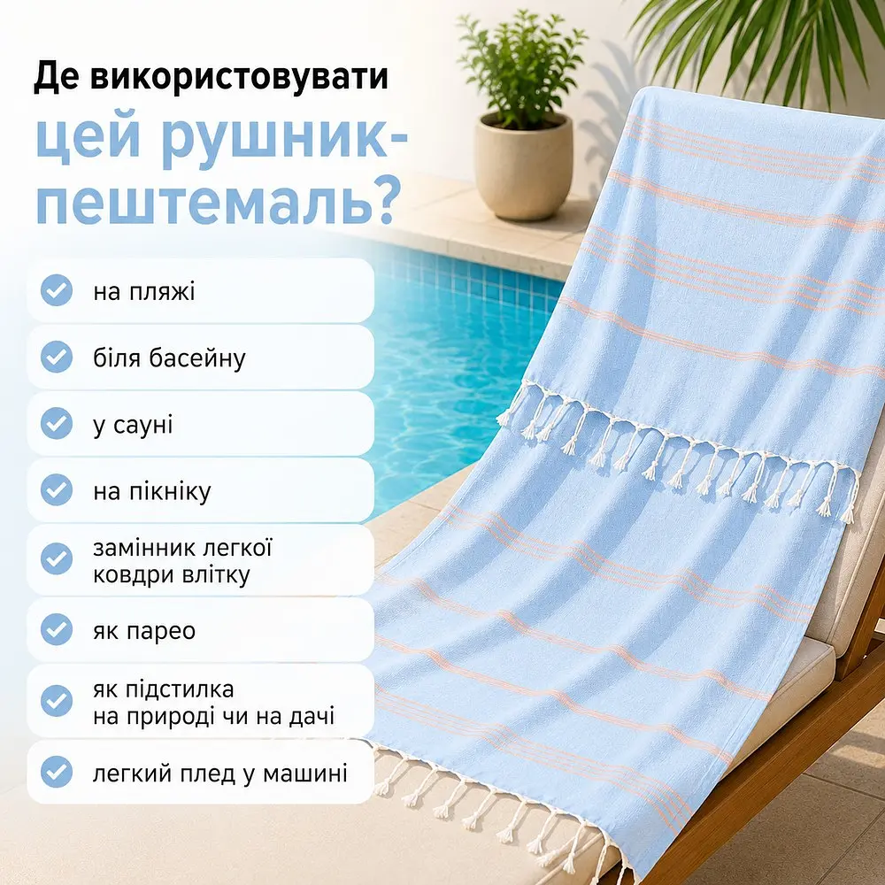 Рушник пештемаль Turkey Towel 100х180 см легкий великий для пляжу басейну бані сауни підстилка на дачу пікнік природу відпустку море Organik блакитний смужка беж - фото 3