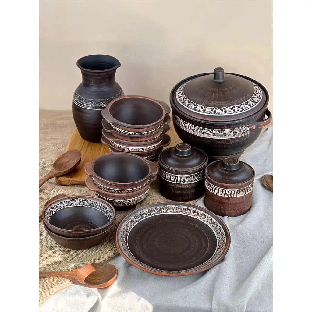 Столовий сервіз керамічного (глиняного) посуду для Борщу на 6 чоловік Ангоб - фото 2