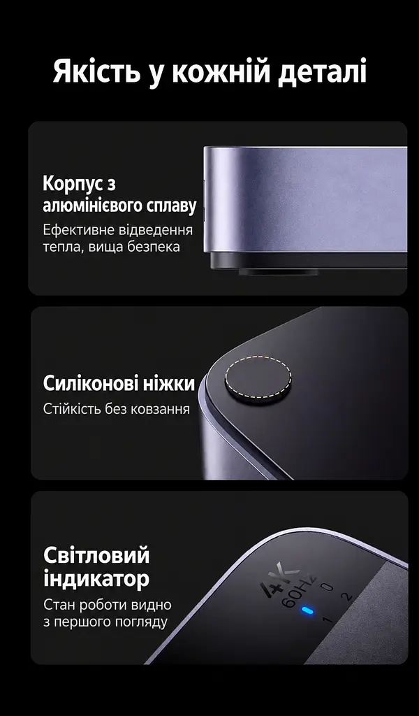 HDMI KVM-перемикач UGREEN CM664 2 ПК зі спільними монітором клавіатурою й мишею входи HDMI та USB-B 4K 60 Гц 3840 × 2160 для периферії USB 3.0 3 USB-A та 1 USB-C (35765) - фото 9