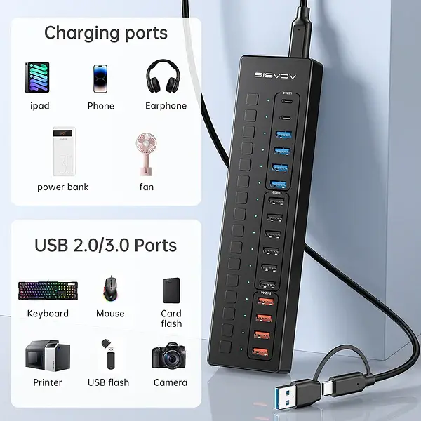 Розумний USB hub Acasis DS-516PB на 16 портів USB-C/USB 5 Гбіт/с розгалужувач з живленням від мережі (Чорний) - фото 3