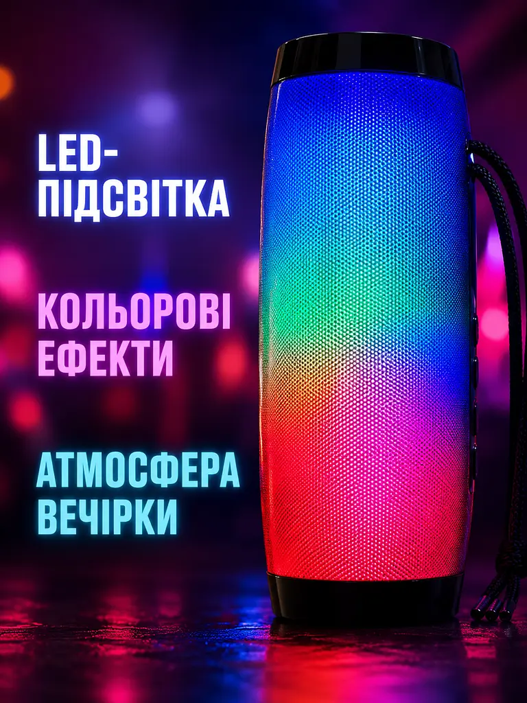 Портативна Bluetooth колонка 10 Вт з LED-підсвіткою, FM радіо, USB, AUX, microSD, PowerBank 17,9×7,3×7,3 см чорна (49676166) - фото 7