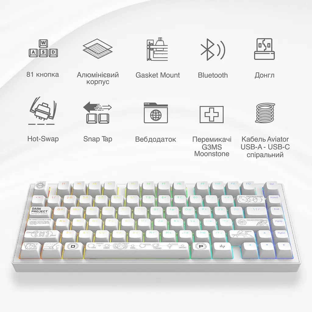 Игровая беспроводная клавиатура Dark Project ALU81 Terra Nova ENG/RUS (DPKB_NOVA_81_ANSI_WHITE_UA) - фото 3