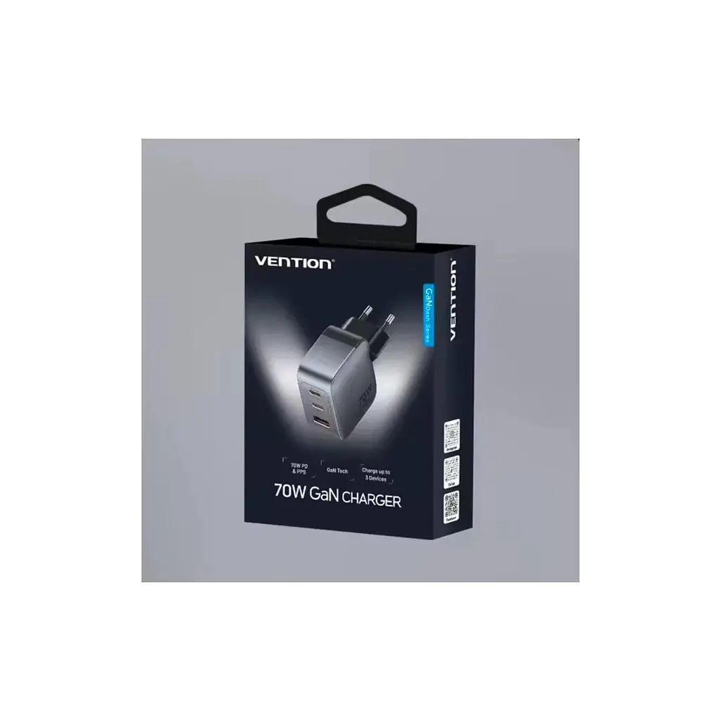 Зарядний пристрій Vention 1xUSB-C PD 70 Вт + 1xUSB QC 3.0 22.5 Вт GaN + кабель USB-C — USB-C 1.0 м 5 А сірий (TZ-FCGH0-EU) - фото 11