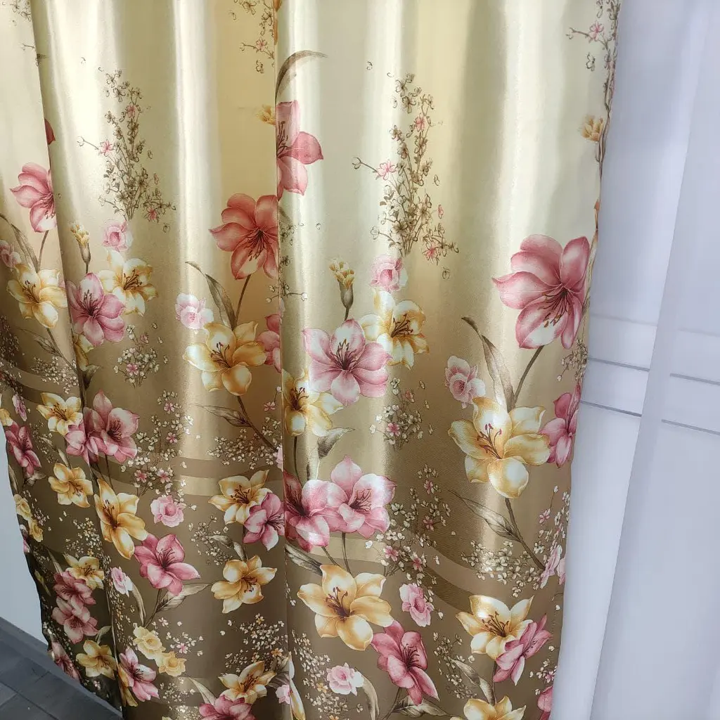 Атласні штори з квітами оливкового кольору 150х270 з тюлистом батистовим 400х270 на тасьме ALBO pbe0052702 - фото 8