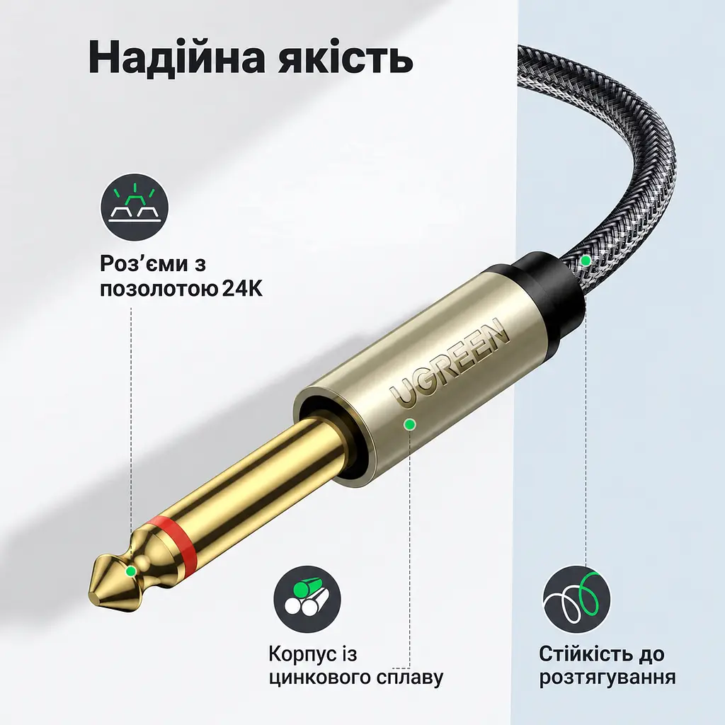 Y-подібний аудіокабель-розгалужувач UGREEN AV126 довжина 2 м стереоштекер 3,5 мм на два моноштекери 6,35 мм для мікшера або підсилювача з двома входами 6,35 мм сріблясто-сірі корпуси з темно-сірим і чорним обплетенням та золотистими штекерами (10615) - фото 3