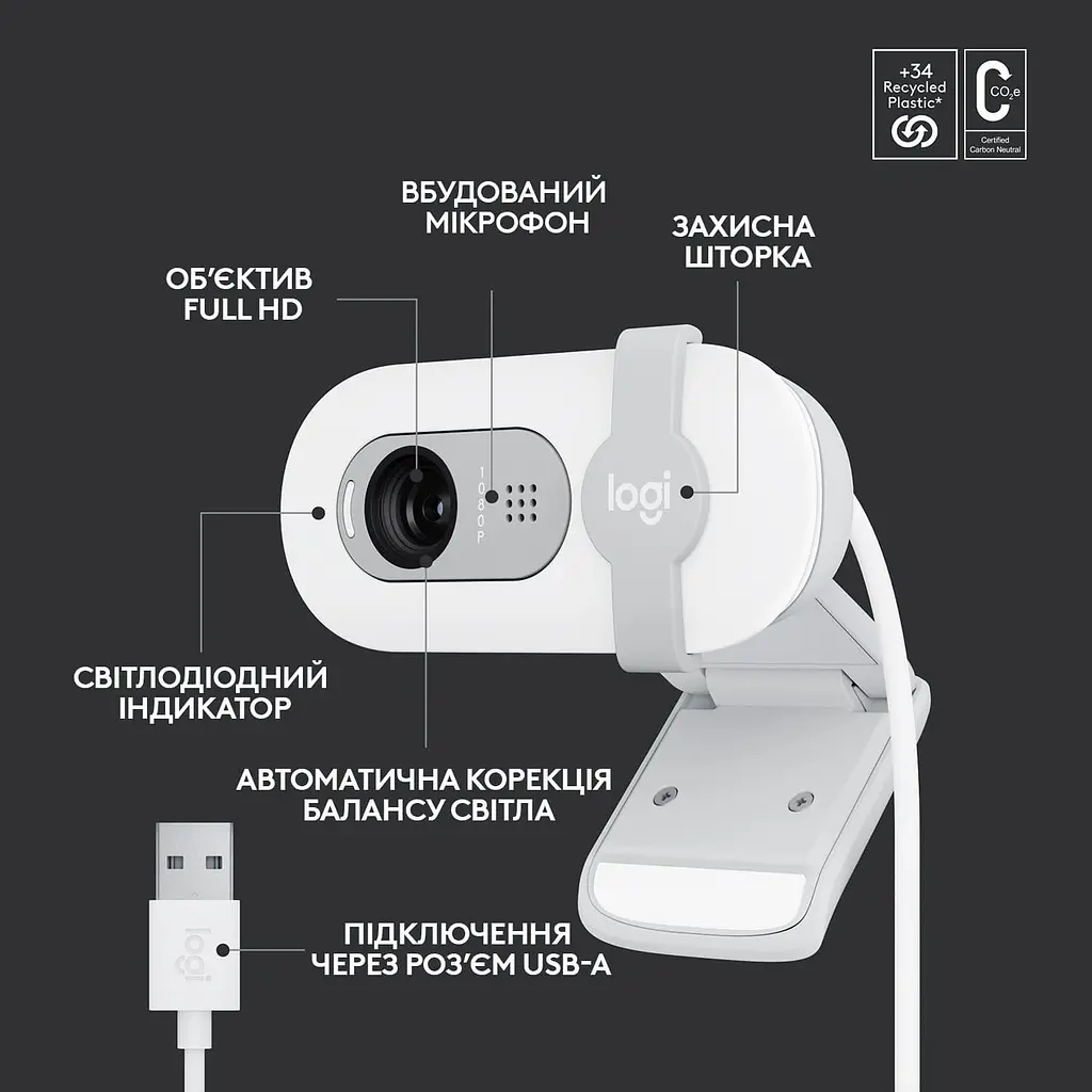 Веб-камера Logitech Brio 100 Full HD Off-White (960-001617) - фото 6
