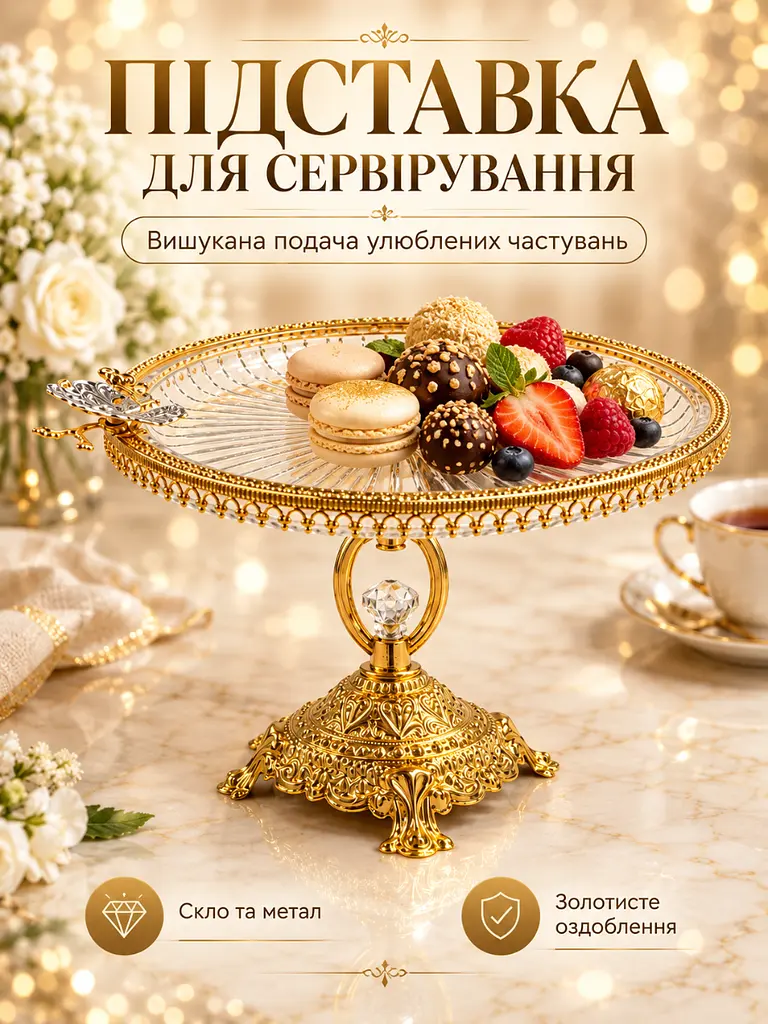 Підставка для сервірування кругла на ніжці 25х16.5 см зі скла та металу для десертів золотиста (37261106) - фото 2