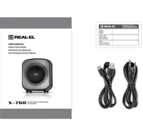 Колонка портативна 1.0 REAL-EL X-760, Black, 65 Вт, RGB підсвічування, USB, Bluetooth, AUX, Micro SD, TWS, 2хMic, функція караоке, 4000 мАг, час роботи до 16 год (EL121600029) - фото 6