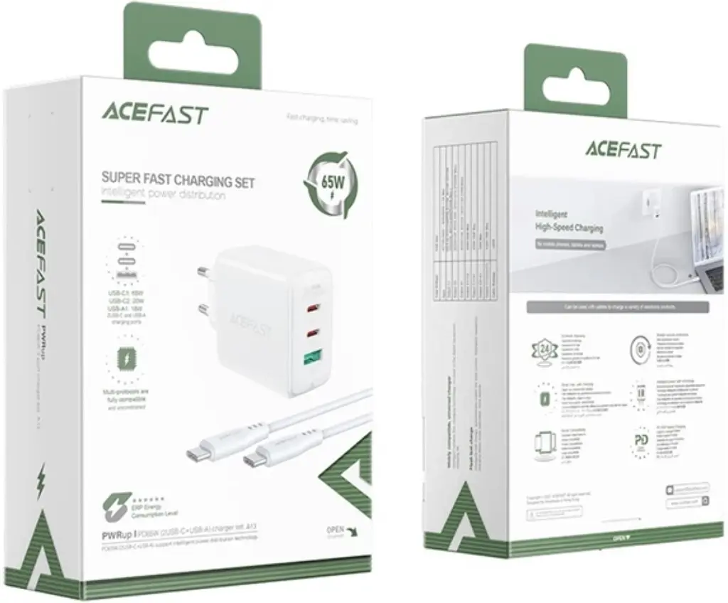 Мережевий зарядний пристрій Acefast A13 Fast Charger PD 65W 2×Type-C / 1×USB з кабелем Type-C to Type-C - White - фото 5