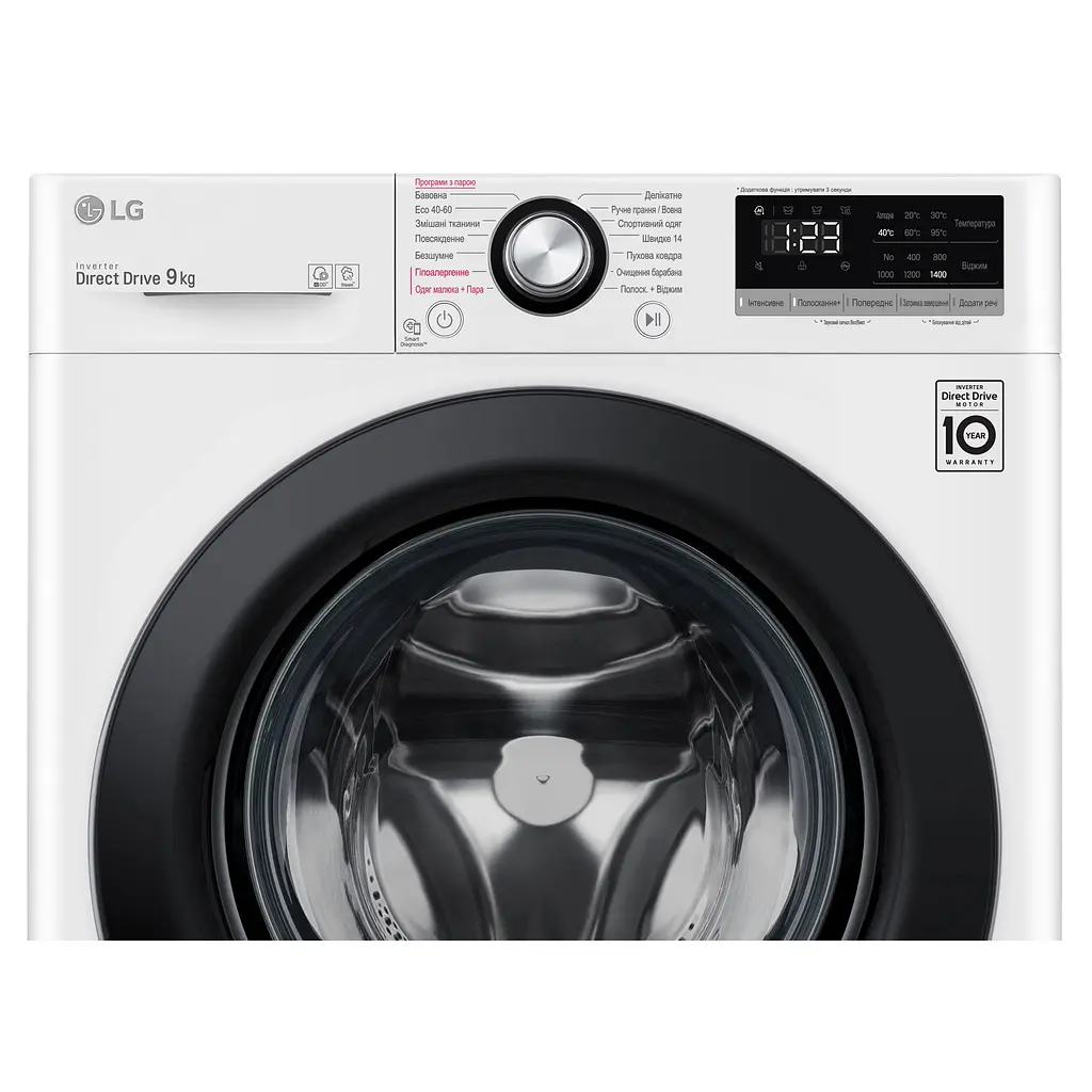 Пральна машина LG з фронтальним завантаженням F4V3VS6W, 9кг, 1400, A+++-40%, Пар, глибина 56см, Дисплей, Інвертор, Білий (F4V3VS6W) - фото 8