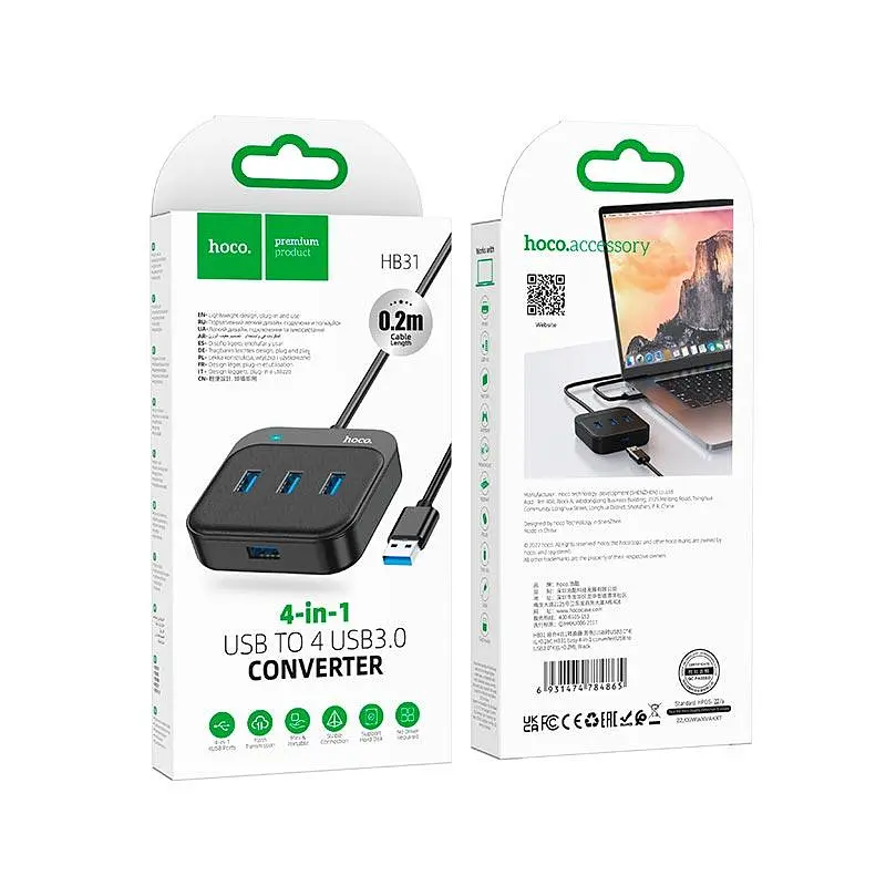 Hub адаптер Hoco Easy 4-in-1 converter HB31 (Usb to Usb3.0x4) L=0.2M - фото 2