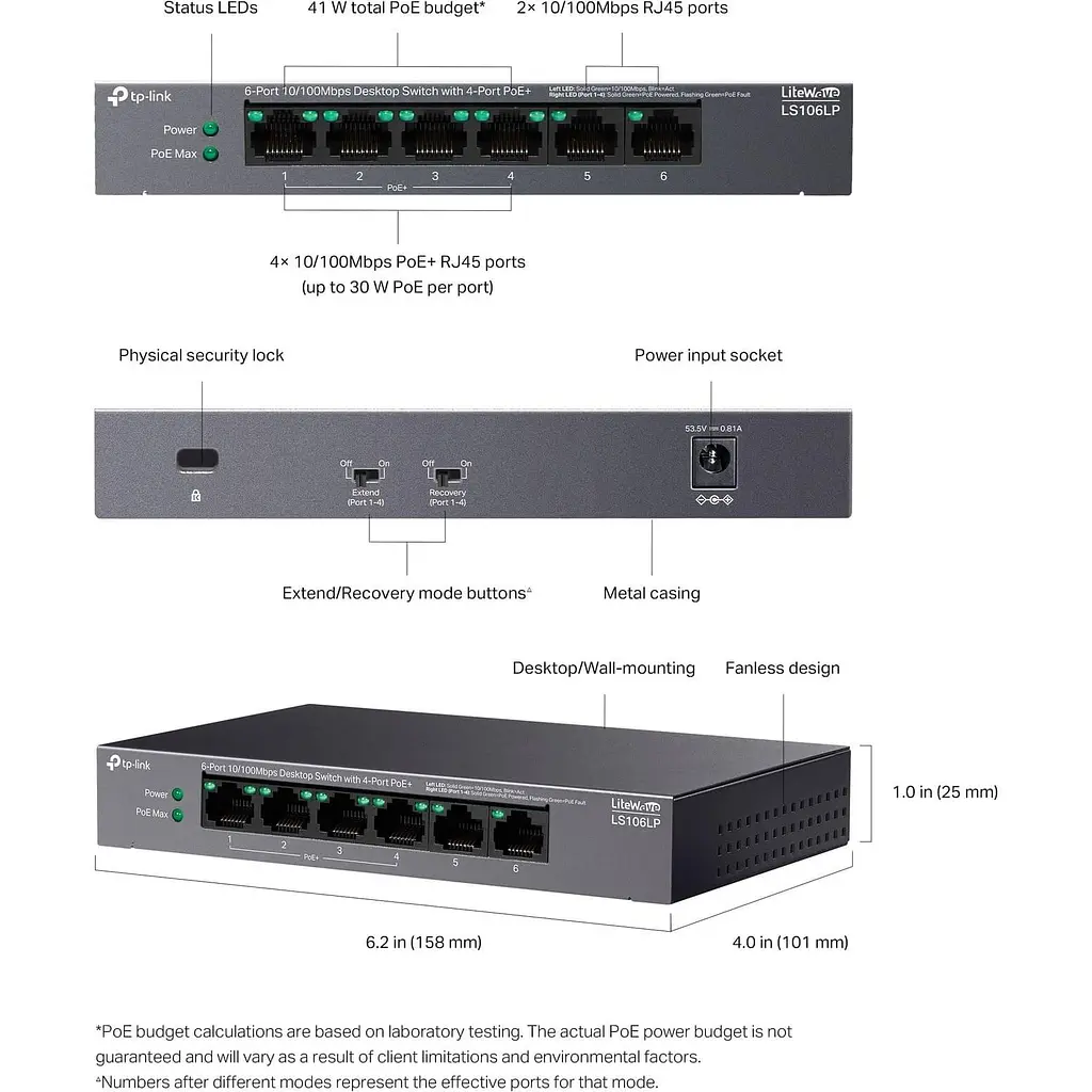 Комутатор TP-Link LiteWave LS106LP 6-Port Fast Ethernet PoE+ Black (LS106LP) - фото 6