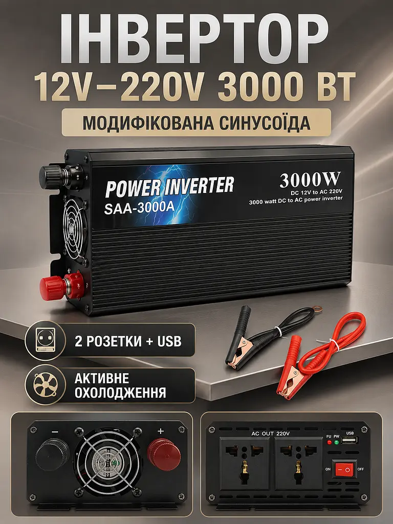 Інвертор 12V–220V 3000 Вт із 2 розетками, USB, модифікованою синусоїдою та клемами для АКБ, чорний (49676355) - фото 2