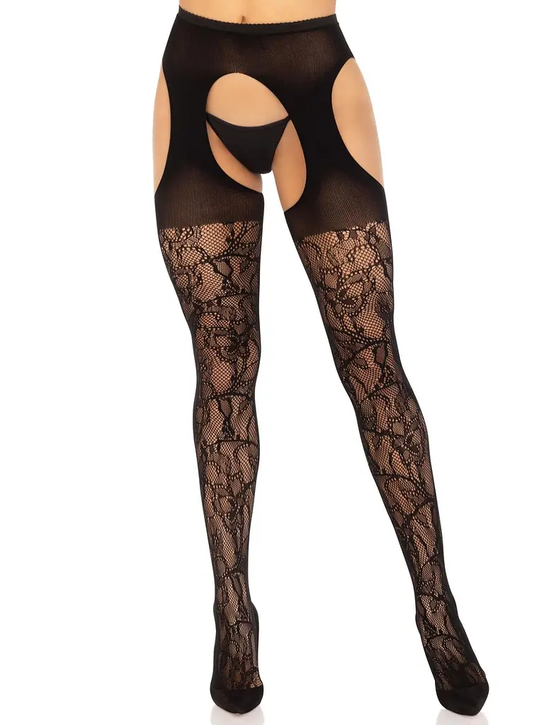 Стрип-колготки Leg Avenue Eyelet lace suspender hose, One Size, чорні, ажурні, з відкритим доступом - фото 4