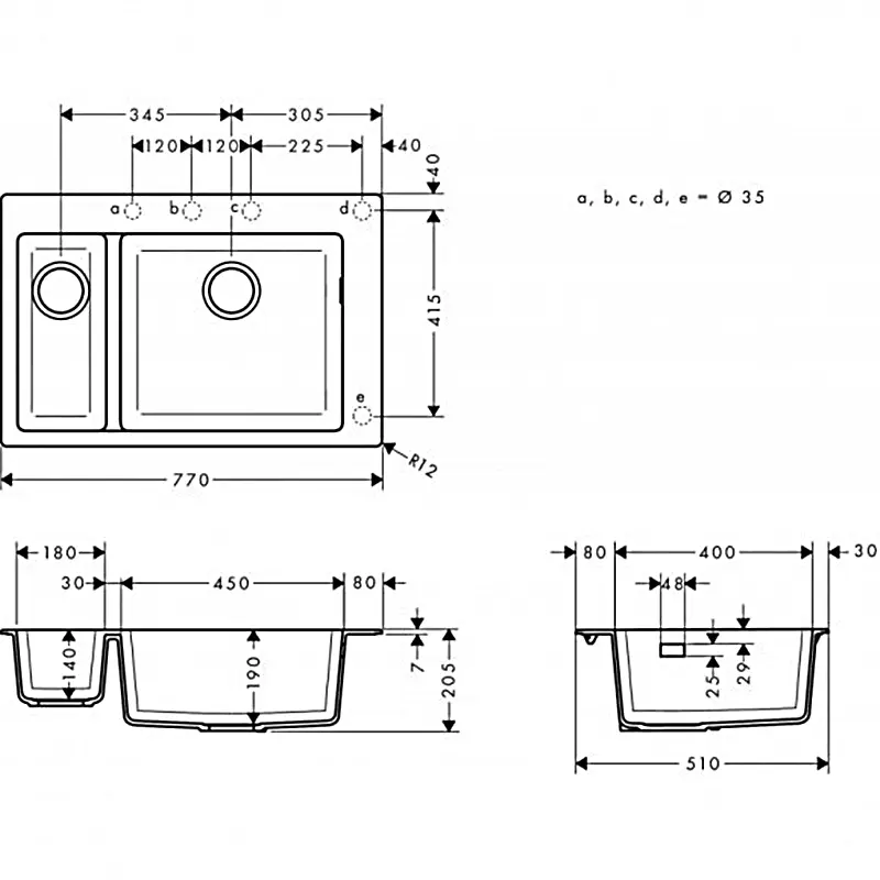 Кухонная мойка Hansgrohe S510-F635 770x510 на две чаши 80/450 Graphiteblack 43315170, Черный - фото 5
