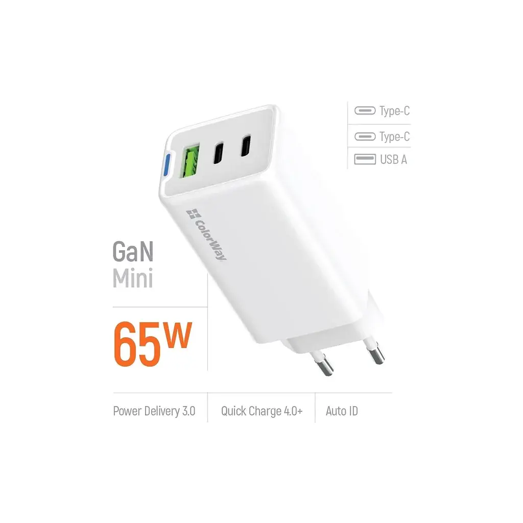 Зарядний пристрій ColorWay GaN Mini 65W PD Port PPS USB (USB-2C1A) white (CW-CHS058PD-WT) - фото 7