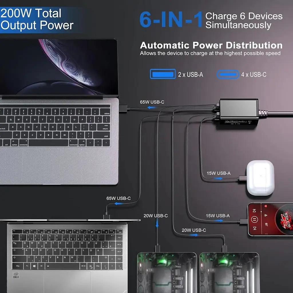 Швидкий зарядний пристрій USB C потужністю 200 Вт для 2 ноутбуків - фото 4