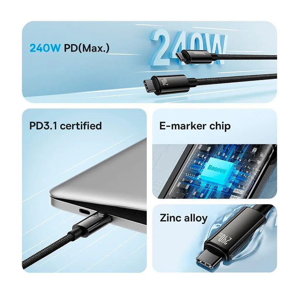 Дата кабель USB-C to USB-C 1.0m 240W Black Baseus (CAWJ040001) - фото 8