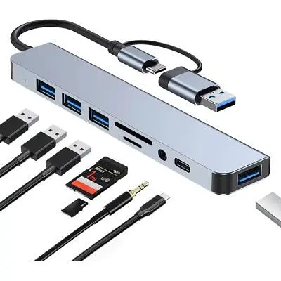 Концентратор Dynamode USB-C/A 8-in-1 1xUSB-C + 1xUSB 3.0 + 3xUSB 2.0 + 3.5mm audio + SD/TF silver (BYL-2218TU) - фото 2