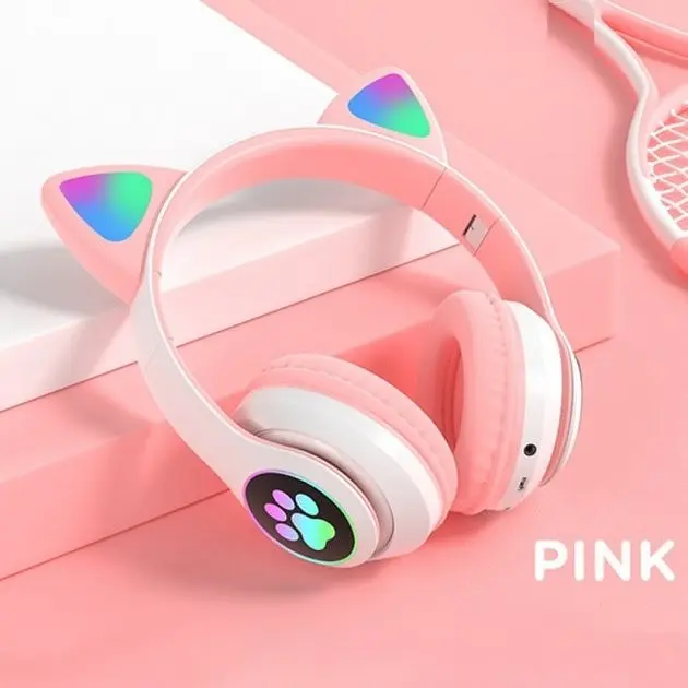 Бездротові дитячі Bluetooth навушники з котячими вушками та LED підсвічуванням STN AKS 28 рожевий - фото 3