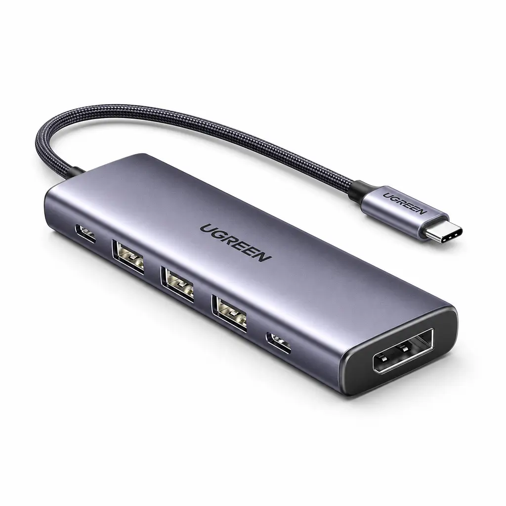 USB-C хаб UGREEN CM511 5 в 1 3 USB-A и 1 USB-C для данных теоретически до 5 Гбит/с DisplayPort 4K 60 Гц 2K 120 Гц 1080p 144 Гц вход USB-C PD 3.0 до 100 Вт сквозная зарядка для видео нужен USB-C с DisplayPort Alt Mode дублирование/расширение HDR G-Sync AMD FreeSync Windows macOS Linux без драйвера хаба Steam Deck и ROG Ally требуют питания PD Android iOS iPadOS требуют полнофункционального USB-C встроенный кабель 0,3 м космический серый (75642)