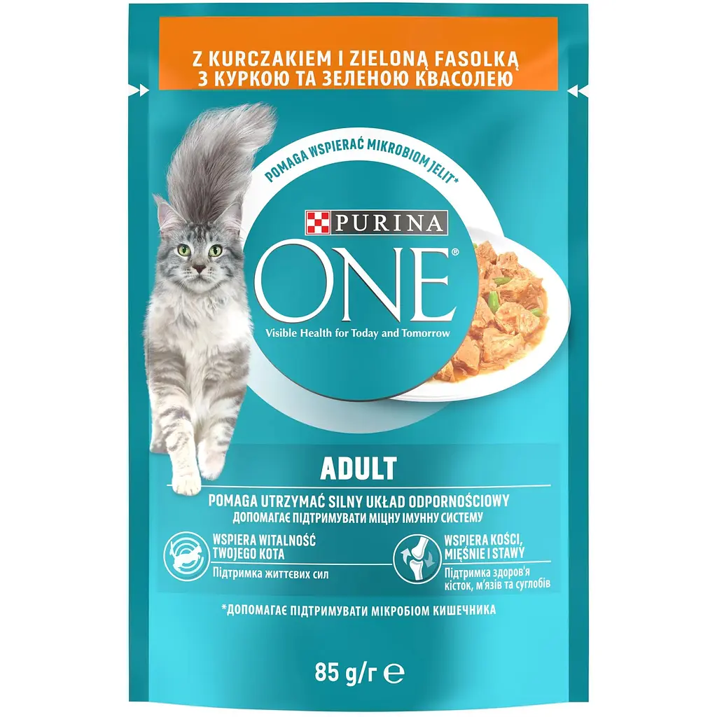 Упаковка вологого корму для котів Purina One Adult з куркою та зеленою квасолею 850 г (85 г х 10 шт.) + Сухий корм Purina One Adult комплекс Bifensis з куркою 450 г у подарунок - фото 2