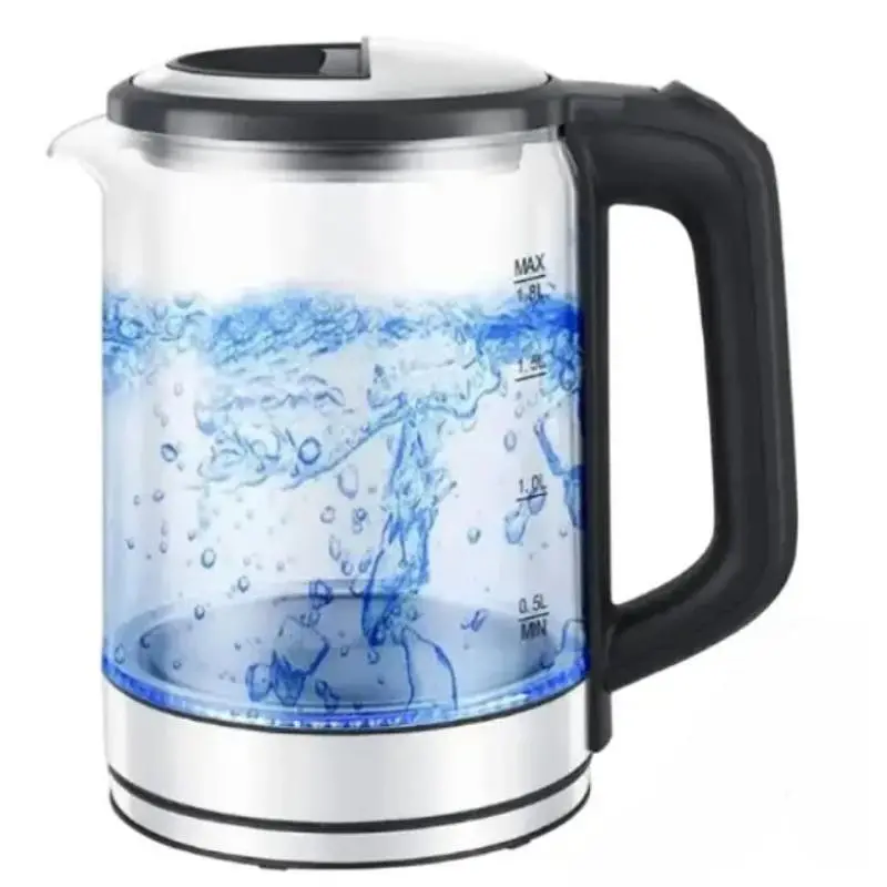 Електрочайник скляний із боросилікатного скла Domotec MS-7943 з об'ємом 1.7 л електричний мережевий чайник дисковий із світлодіодним підсвічуванням 1500 Вт Прозорий з чорним та сріблястим