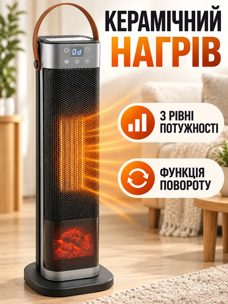 Керамічний тепловентилятор 2000 Вт 65×16×16 см з пультом, таймером та ефектом каміна, чорний (49676388) - фото 5