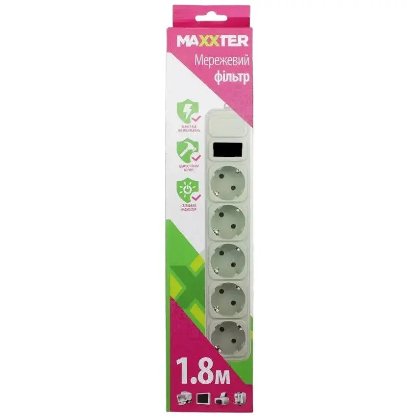Мережевий фільтр Maxxter SPM5-G-10G подовжувач 5 розеток 1.8 м білий - фото 2